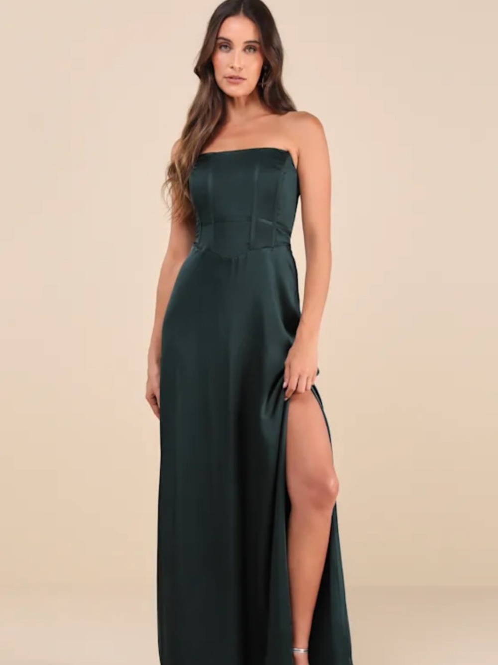 Lulu's Extraordinary Presence Dark Green Satin Strapless Maxi Dress